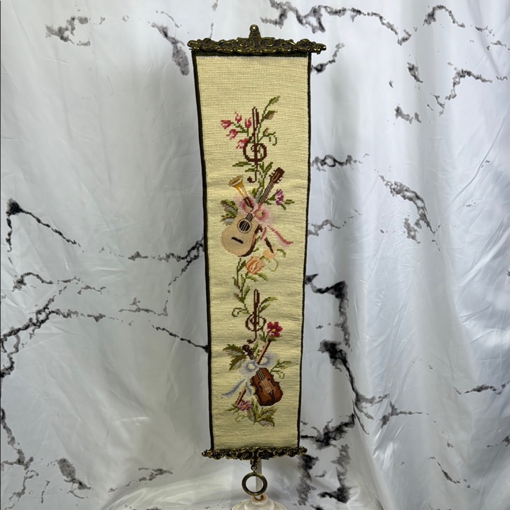 Vintage Petit Point Bell Pull Needle Point Velvet Backed Musical & Floral Design